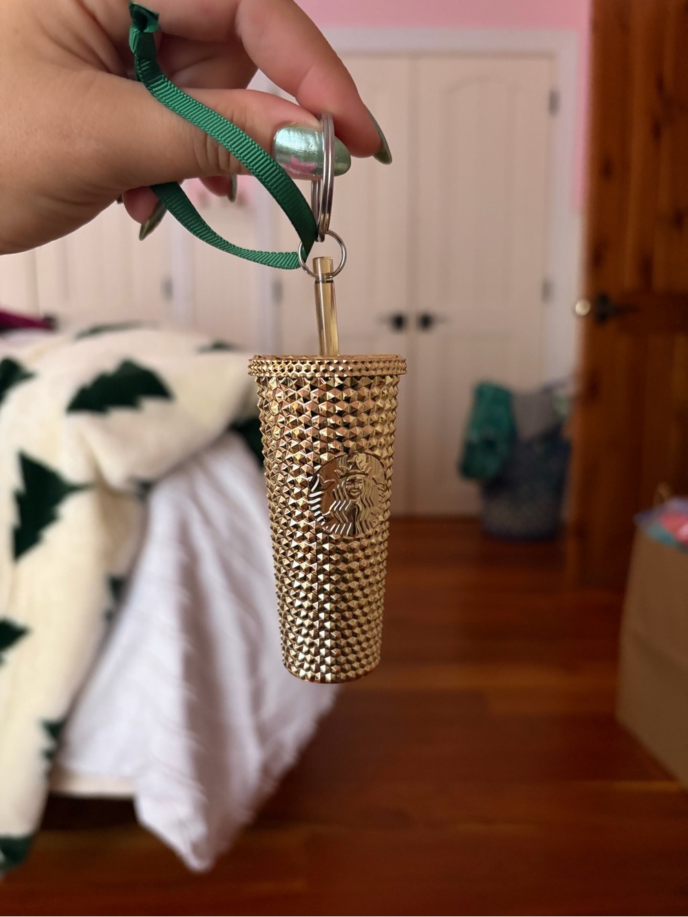 Starbucks Metallic Gold Studded Tumbler Keyring with Green Ribbon